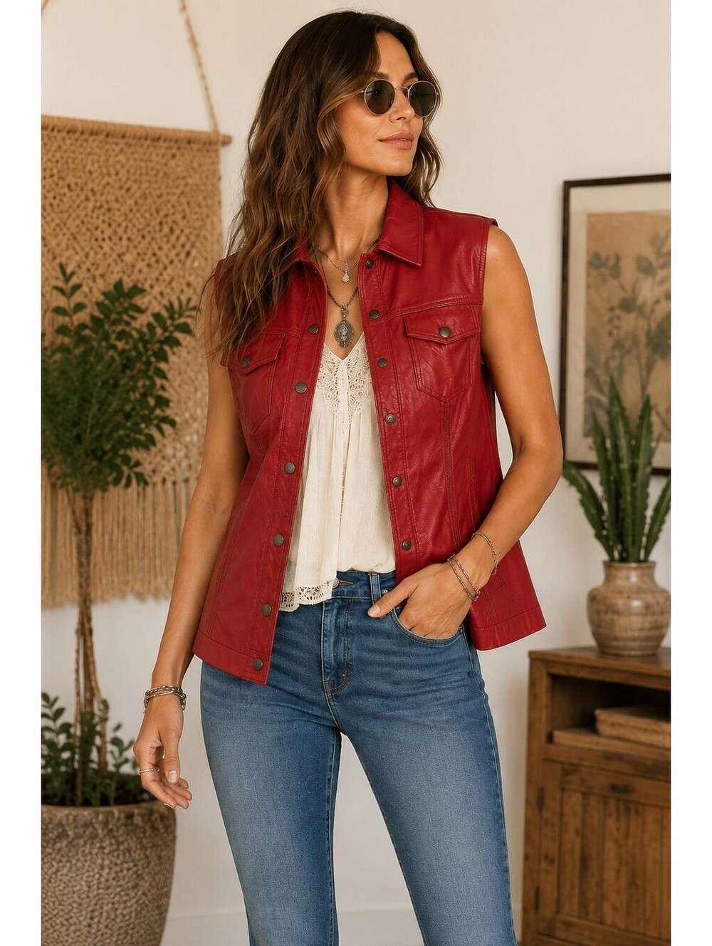 Y2k 90s Jakett Etc Soft Lightweight Genuine Leather Moto Biker Vest Women L Red